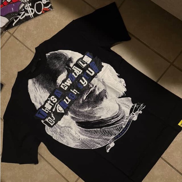 Other - Black Graphic T-Shirt with White and Blue Design